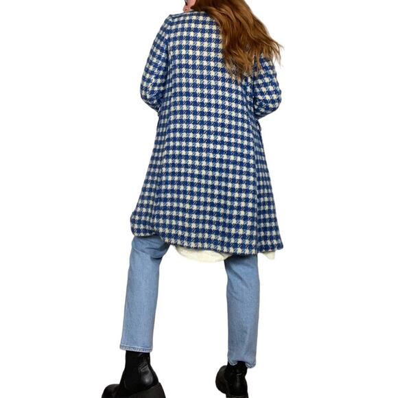 Vintage 70s Size Medium Blue & White Houndstooth Wool Blend Peacoat Jacket - Picture 3 of 9